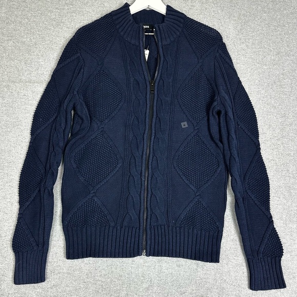 Express Sweater Mens Medium Navy Full Zip Mock Neck Cable‎ Knit Cardigan Cotton